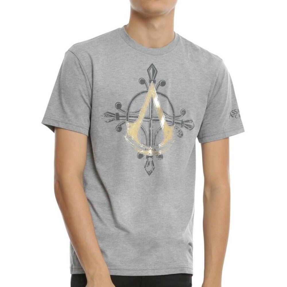 Assassin's Creed Mens Movie Game Gold Inlay Logo Gray Tee Shirt New